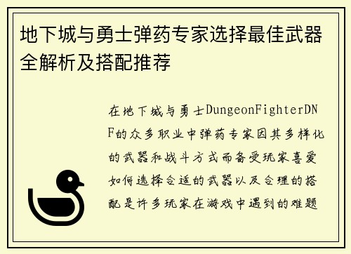 地下城与勇士弹药专家选择最佳武器全解析及搭配推荐